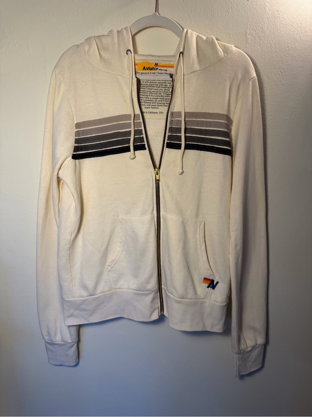 Aviator Nation Size M Cream Zip Hoodie with Gray and Black Stripes